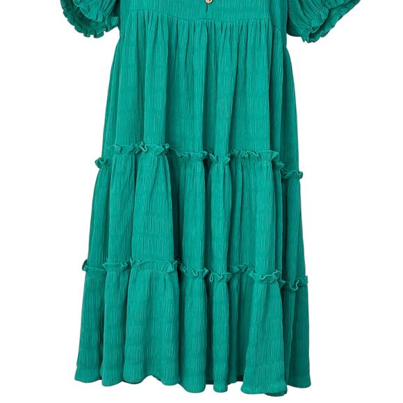 Easel Puff Sleeve Tiered Mini Babydoll Dress Green Small Flowy Romantic Boho NWT - Picture 4 of 13
